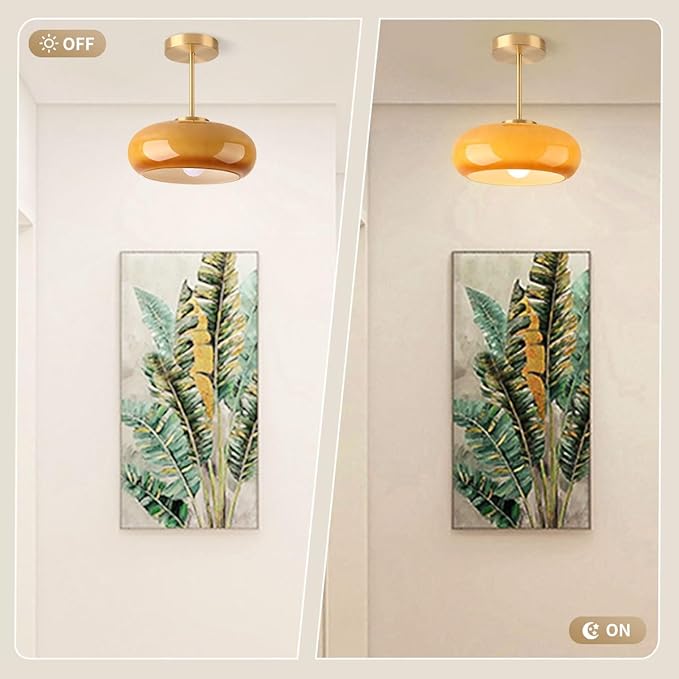 Brass Modern Hallway Ceiling Light - Orange Glass Ceiling Lamp with Dome Shade, Gold Mid Century Semi Flush Mount, Bedroom Entrance Light Fixture