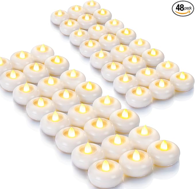 Homemory 48Pack 2” Flameless Led Floating Candles, 200 Hour Plastic Battery Operated Flickering Waterproof Tealights for Cylinder Vases, Centerpieces at Wedding, Party, Pool, Holiday (White Base)