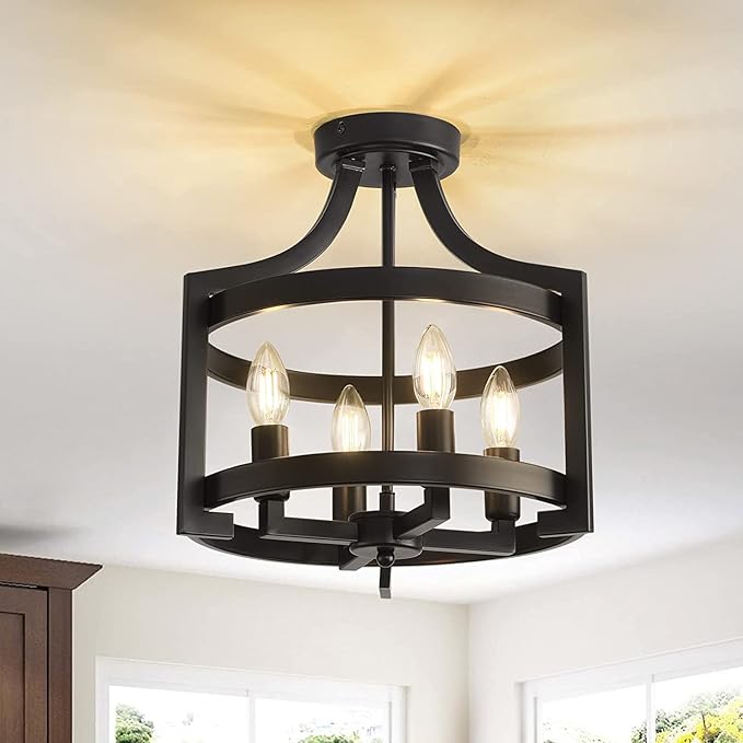 Farmhouse Chandelier Rustic Black Hanging Pendant Light Fixture, Adjustable Metal Lantern lCeiling Light for Kitchen Island Dining Room Living Room Bedroom Foyer Entry