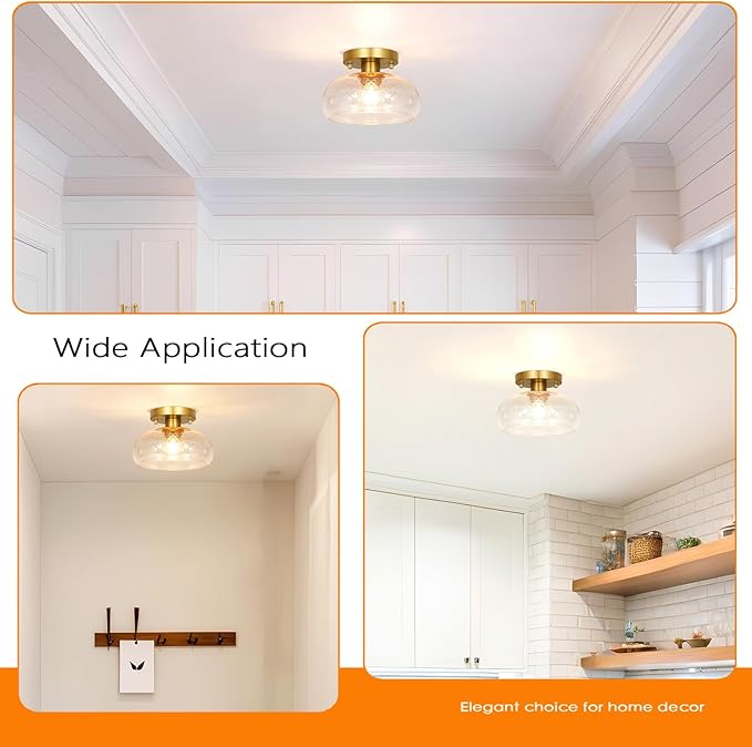 Modern Gold Semi Flush Mount Ceiling Light - Small Seeded Glass Shade for Even Illumination, 8 Inch Diameter Semi Flush Design Ideal for Low Ceilings in Hallways & Kitchens