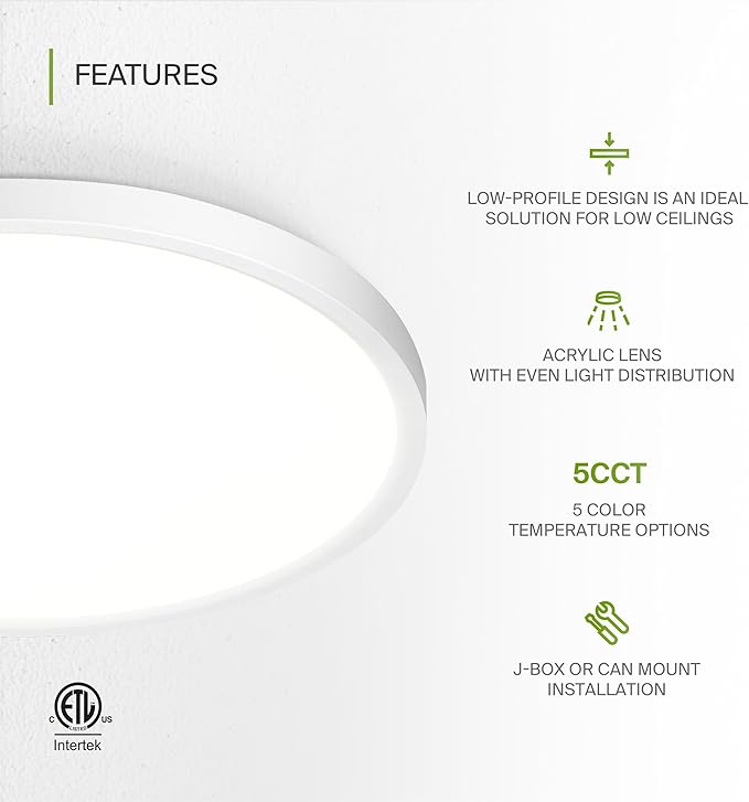 ASD LED 12" Round Flush Mount Ceiling Light Fixture, Low Profile Surface Lighting | 5CCT, Dimmable, Ultra-Thin, ETL Listed | 24W 1900LM 2700-6000K 120V | Kitchen, Bedroom, Hallway Lamp | White, 4 Pack