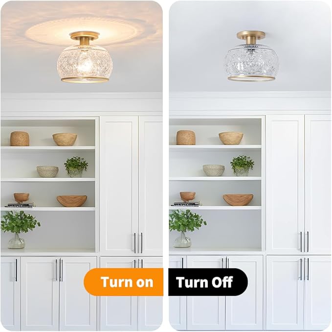 Gold Semi-Flush Mount Ceiling Light with Globe Glass – Vintage Ceiling Lighting for Hallway, Kitchen, Entryway, Bathroom & Closet