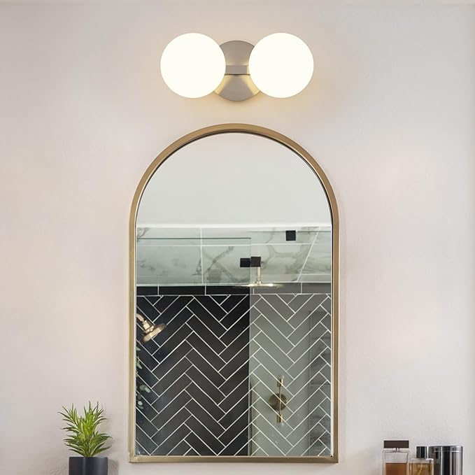 Globe Bathroom Vanity Light Fixtures: Nickel Wall Scones With 2 Milk Glass Shade - Modern Makeup Lighting Fixture over Mirror - Brass Ball Powder Room Vanities Lights for Hallway Bedroom Bulb Excluded