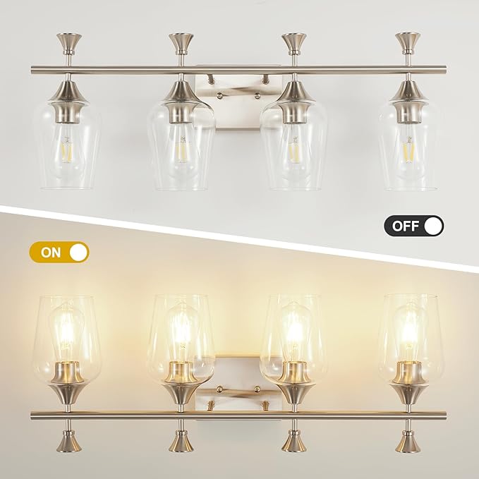 Bathroom Light Fixtures (4-Light, 29 Inch), Brushed Nickel Vanity Lights for Bathroom with Clear Wine Glass Glass Shade, Modern Vanity Wall Lights for Mirror Bedroom Living Room Kitchen Hallway Porch