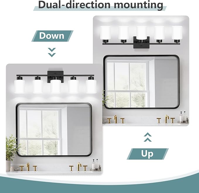 Black Bathroom Light Fixtures, 5-Light Modern Vanity Lights with Milky White Frosted Glass Shades, Wall Sconces for Mirror, Bathroom, Restroom (E26 Socket)