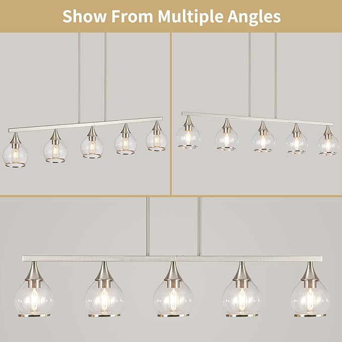 Island Light for Kitchen, 5-Light Brushed Nickel Kitchen Island Linear Hanging Pendant Chandeliers, Brushed Nickel Dining Room Light Fixture Over Table with Clear Round Glass Shades