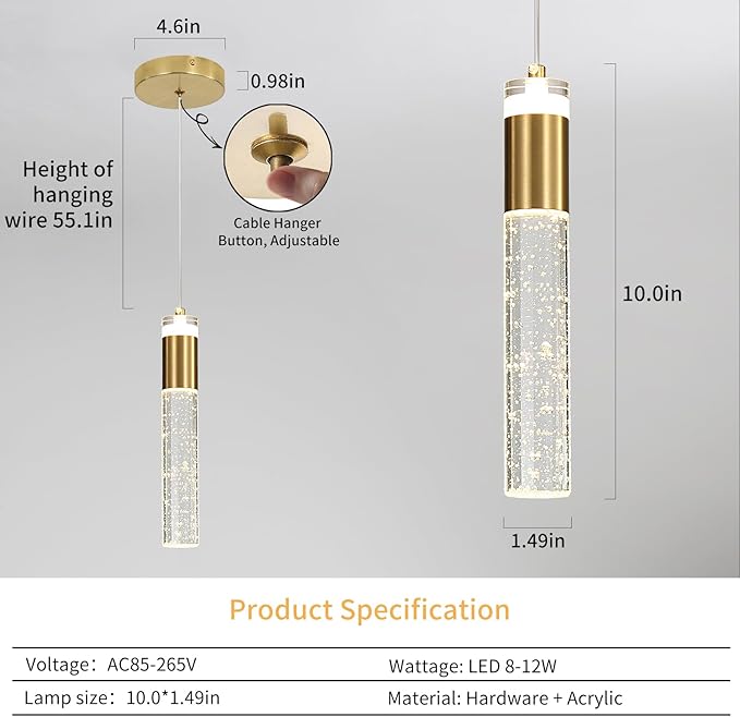 3 Pack Modern Kitchen Island Pendant Lights, Gold Bubble Crystal Ceiling Hanging Light, 3 Color 2700K/4500K/6500K, Mini Linear LED Chandelier Lighting for Dining Room, Bedroom, Bar, Hallway, Bedside