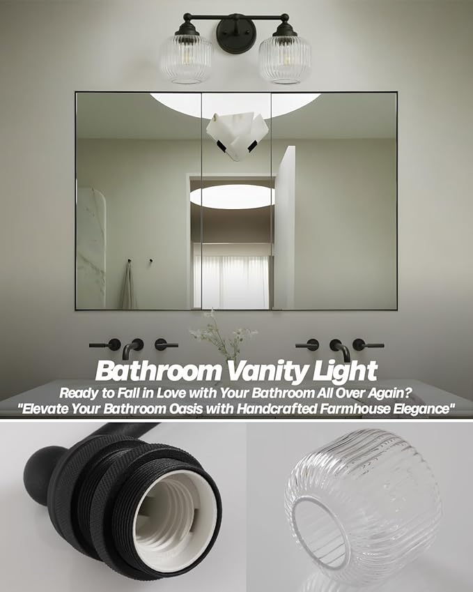 Vintage 2-Lights Clear Ribbed Glass Wall Sconce Lighting Black Finished, Double Head Bathroom Vanity Light Fixture for Bedroom Living Room Dining Room Hallway