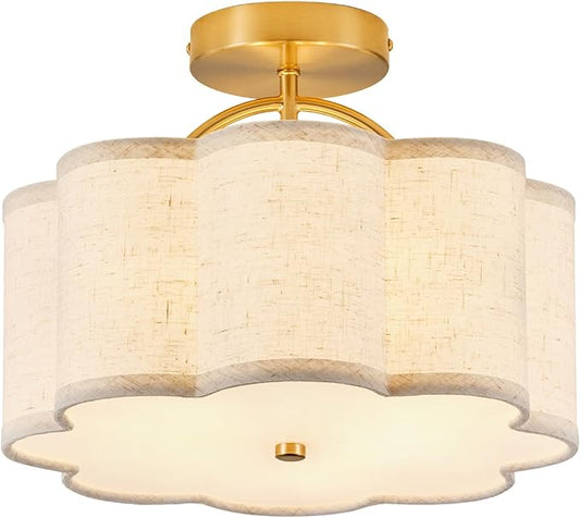 13.5" Semi Flush Mount Ceiling Light Fixture for Bedroom, 3-Light Flower-Shape Modern Close to Ceiling Light with Fabric Shade for Hallway Nursery Kitchen Island(Hemp-Color)