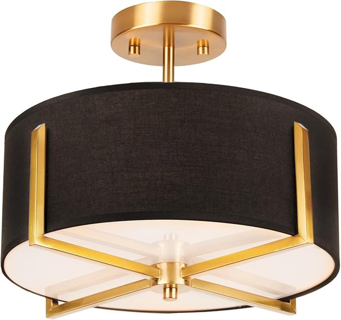 Edwarmlux 3-Light Semi Flush Mount Ceiling Light Fixture, 13.7" Gold Drum Light with Black Fabric Shade, Modern Close to Ceiling Lamp for Living Room Bedroom Dining Room Kitchen Hallway Entry Foyer