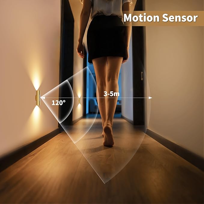 WOBSION Motion Sensor Wall Light with Remote Control, Rechargeable Wireless Wall Sconce, Brightness Adjustable, 3 Color Mode,Indoor Lamp for Hallway, Bedroom,Picture,LED,Gold,2 Pack