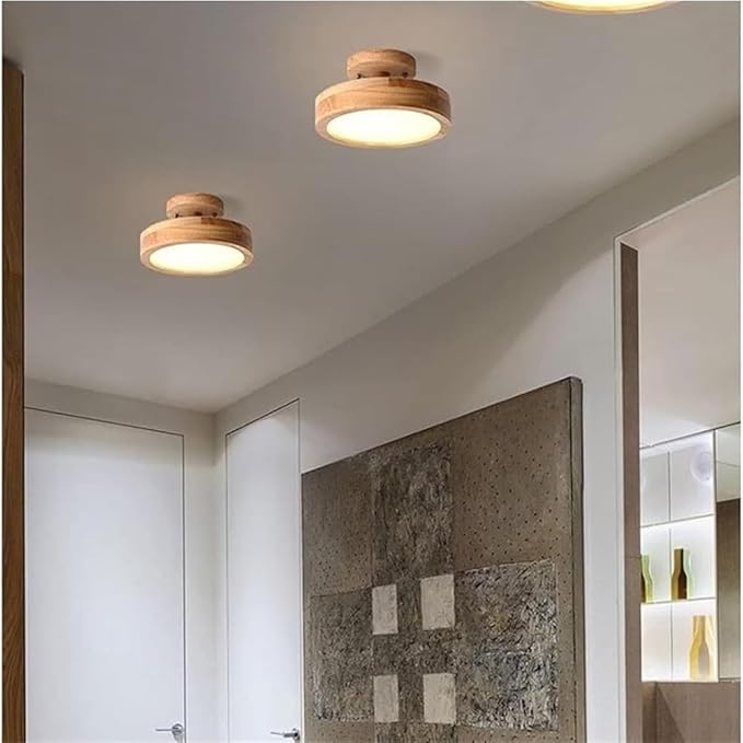 KISAD Nordic Modern and Minimalism Round Ceiling Lights Acrylic Shade Semi Flush Mount Ceiling Lamp Iron Frame Three-Color Mode Ceiling Light Fixture for Bedroom Living Room Entryway(Wood Color)