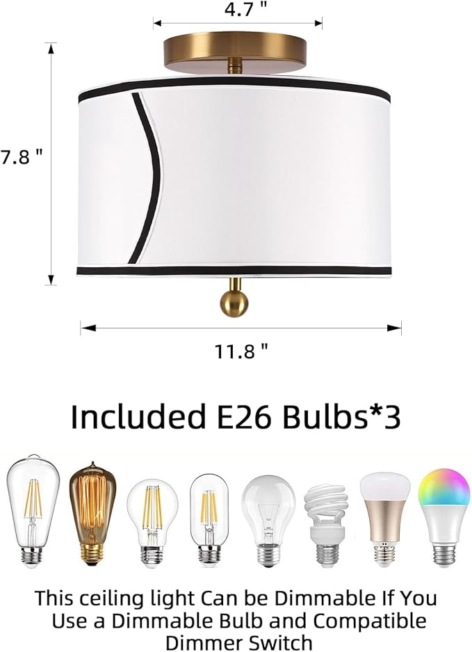 12.6" Drum-Shaped White Fabric Flush Mount Ceiling Light with 3-Light Fixture, Recessed Roll-in Installation, Ideal for Living Room, Bedroom, Bathroom, Farmhouse Foyer