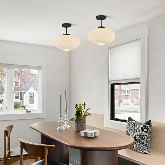 KCO Lighting Milk Glass Flush Mount Ceiling Light White Ribbed Glass Ceiling Light Fixture Large Globe Black Semi Flush Bathroom Overhead Light Fixtures