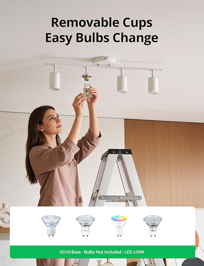 Bojim Track Lighting Fixtures Ceiling Mount for Kitchen, White 4 Way LED Spot Lights Indoor, Flexible Modern Track Light GU10 Socket for Studio, Bulbs Not Included