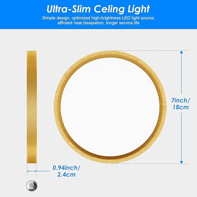 Peasur 7 Inch LED Ceiling Light Gold, Small 15W Slim Flush Mount Ceiling Light 3000K/4000K/6500K Adjustable, Modern Round Ceiling Lighting for Bedroom, Living Room, Kitchen 1Pack