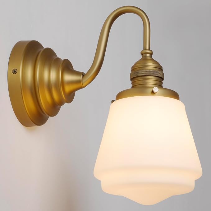 Vintage Wall Sconce Antique Brass Gold Bathroom Vanity Light with Frosted Milk Glass Shade Indoor Hardwire Wall Mounted Lamp Light for Bathroom Mirror Living Room Bedroom Kitchen