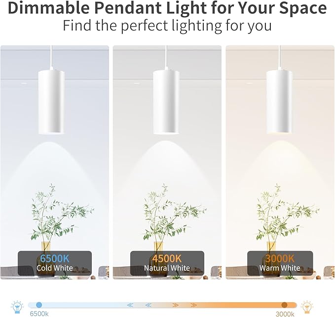 4" Pendant Lights Kitchen Island, 25W Cylinder Hanging Lights with Dipswitch, Modern Eye Care Led Pendant Lamp fixtures for Bedroom, Living Room, Office (White, 2 Pcs)