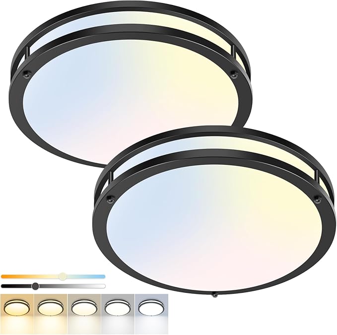 hepside 2 Pack Flush Mount Ceiling Light Fixture, Dimmable & 5CCT Ceiling Light Black, 13inch 24W 3000K 3500K 4000K 5000K 6500K Adjustable Ceiling Lamps for Bathroom Bedroom Hallway