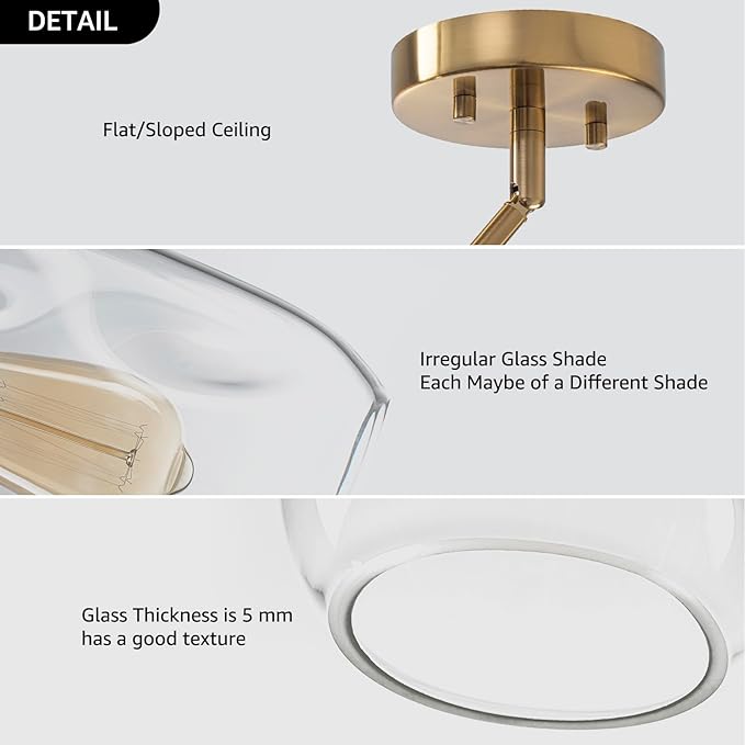 Kitchen Pendant Lighting Over Island 2 Pack,Glass Gold Pendant Light Fixtures Set of 2 Modern Vintage Hanging Lamp 1 Light with 11.4in Height Clear Thick Organic Glass Shade for Dining Table Bar,E26