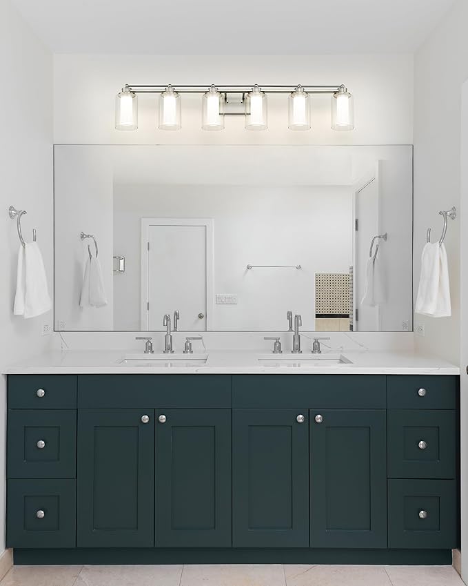 6 Light Bathroom Vanity Light, HWH Brushed Nickel Vanity Lights for Bathroom, Modern Vanity Lights Over Mirror with Clear Glass Shade, 36W 5CCT LED Wall Lights Dimmable, 5HLT63B-6W-LED BN
