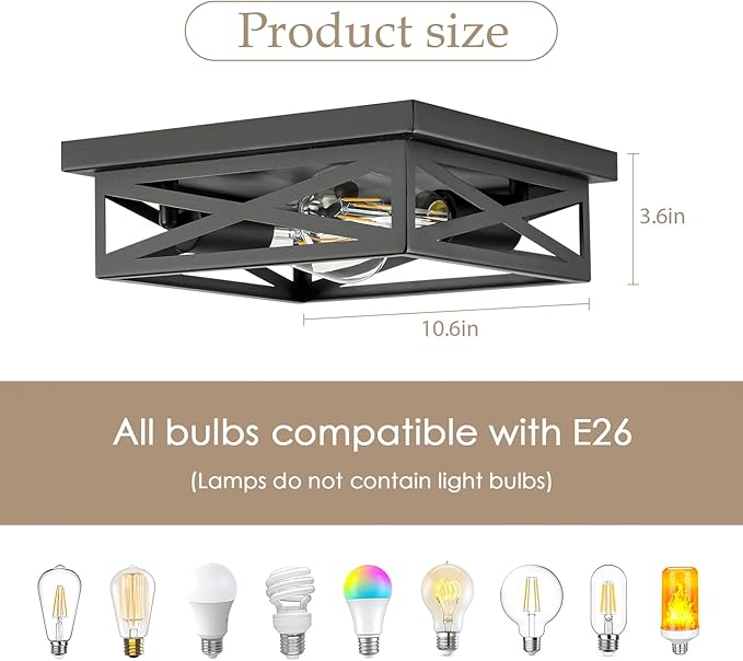 Farmhouse 2-Light Semi Flush Mount Ceiling Light Fixture, Modern Metal Cage Black Square Close to Ceiling Lamp, E26 Base Chandelier Ceiling Mount, Pendant Lighting for Hallway Kitchen Bedroom