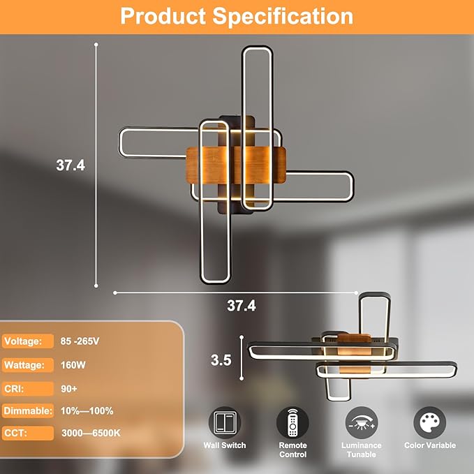 37.4" Modern LED Ceiling Lights with Remote Control 160W Dimmable Wood Ceiling Light Chandeliers, 3000K–6500K Large Close to Ceiling Lighting Fixture for Living Room Bedroom Kitchen