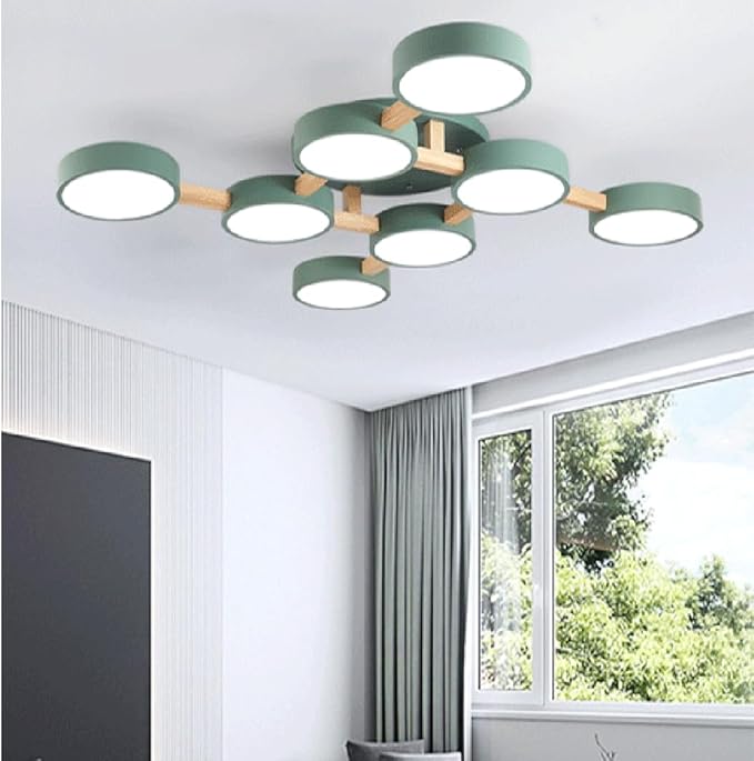 LED Ceiling Light Fixture,44 Inch 8-Lights Modern Ceiling Lights Flush Mount Wooden 96W Chandelier for Living Room Bedroom Kitchen,Dimmable 3000K/4000K/6000K Temperatures Selectable, Green
