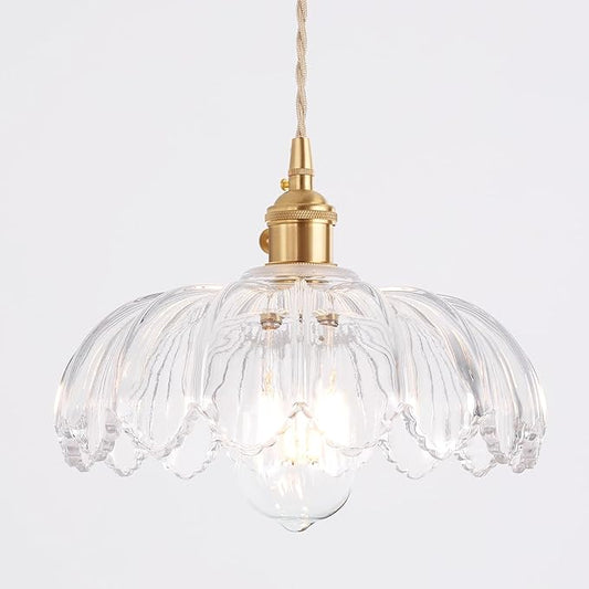 Shenmoyl Pendant Light with Clear Scindapsus Glass Lmapshade, Brass Vintage Pendant Light Adjustable Hanging Light for Kitchen Island Dining Room Hallway