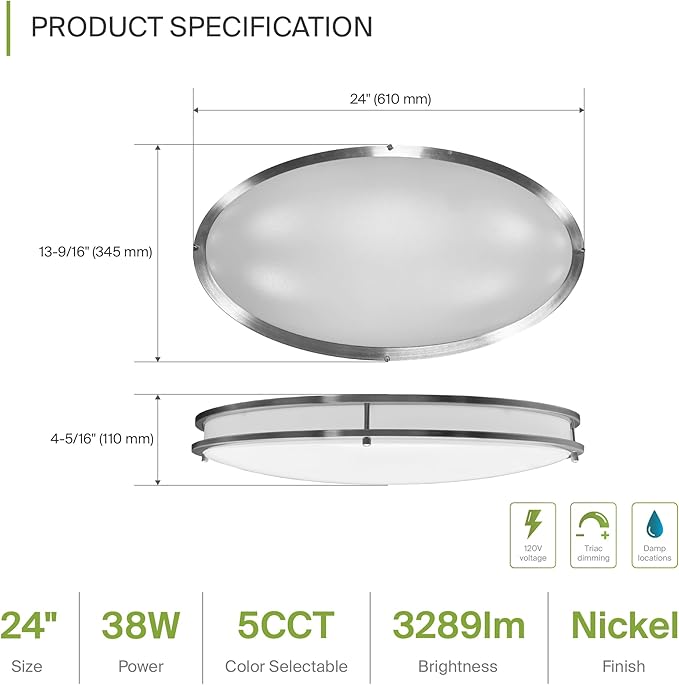 ASD LED 24" Oval Flush Mount Lighting, Close to Ceiling Light Fixture | 5CCT, Dimmable, ETL Listed | 38W 3289LM 2700-5000K 120V | Low Profile Double Ring Lamp | Nickel, 2 Pack