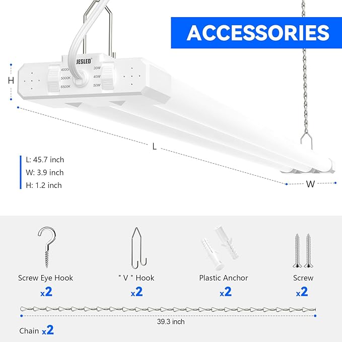 JESLED 4FT LED Shop Lights, 3CCT Selectable 4000K/5000K/6500K, Adjustable 30W/40W/50W, 7500LM(300W Eqv), Linkable Utility LED Light for Garage, Plug & Play, Ceiling or Hanging Mount, ETL, 6-Pack