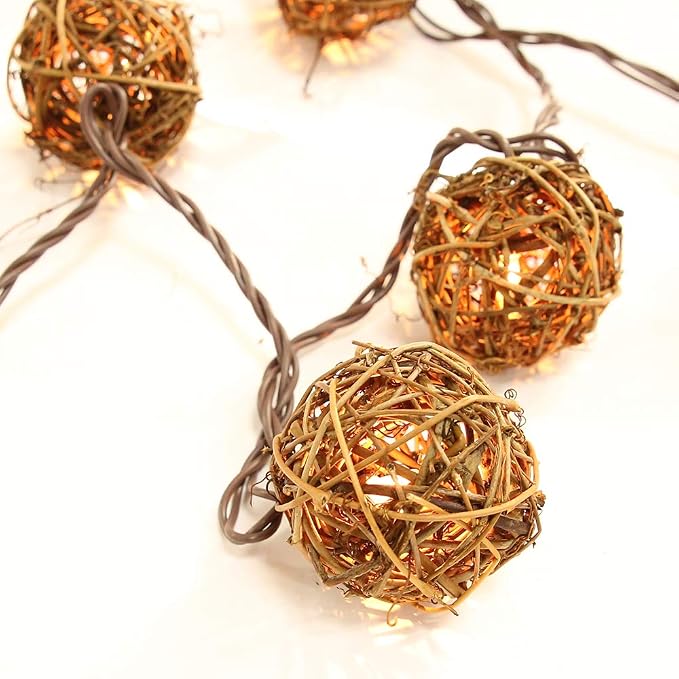 LIDORE Rattan Christmas String Lights, 10 Counts Mini Natural Globe Rattan Ball, Wicker Lights for Patio, Wedding, Garden, Party, Home Decor, Indoor Outdoor use, 7.92Ft (Rattan + Brown Cord)