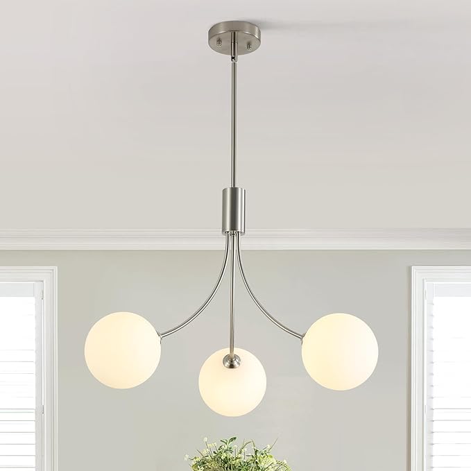 CNRATYE 3-Light Brushed Nickel Chandelier Milk Globe Glass Pendant Lights Kitchen Island, Modern Sputnik Globe Chandeliers for Dining Room Entryway Hallway Foyer Bedroom Office Bathroom
