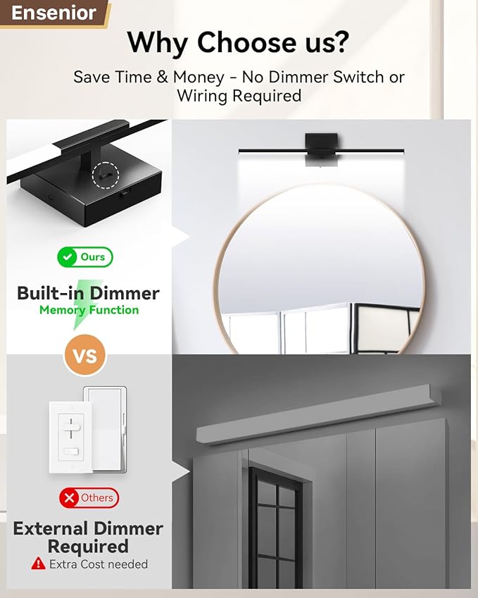 Ensenior Modern Bathroom Vanity Light 24 inch, Built-in Dimmer, 14W Dimmable 5CCT Led Bath Lights, Black Bar Vanity Light for Bathroom Mirror Cabinets Bedroom-FCC & ETL Certificated
