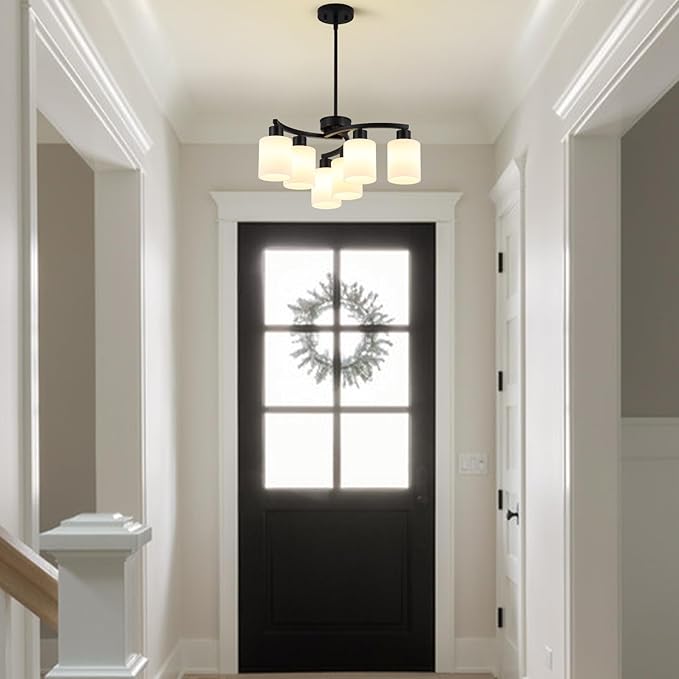 6-Light Modern Farmhouse Black Chandelier,22 inch Dining Room Light Fixture,Contemporary Glass Chandelier Adjustable Height Hanging Pendant Lights Kitchen Island,Glass Shade