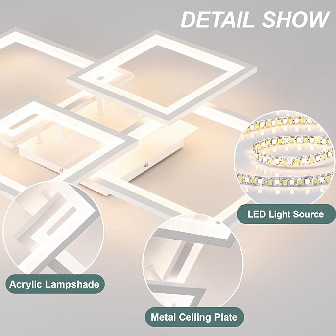 EIDISUNY Modern LED Ceiling Light, Square LED Flush Mount Ceiling Light, Dimmable Kitchen Light Fixtures with Remote&APP, Close to Ceiling Lighting Fixture for Dining Room Kitchen Living Room Bedroom
