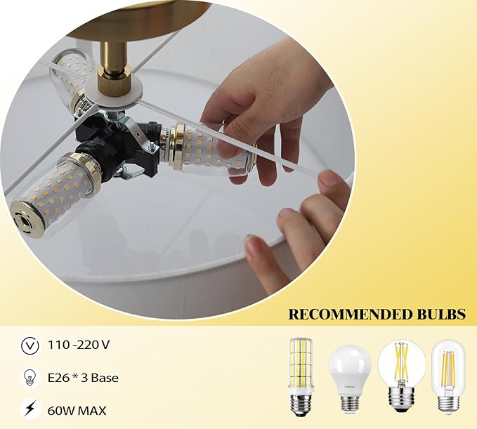 15 Inch Drum Light, Semi-Flush Mount Ceiling Light Fixture White Fabric Drum Shade and Gold Plating Finish,Ceiling lamp for Bedroom, Dining Room, Corridor, Living Room