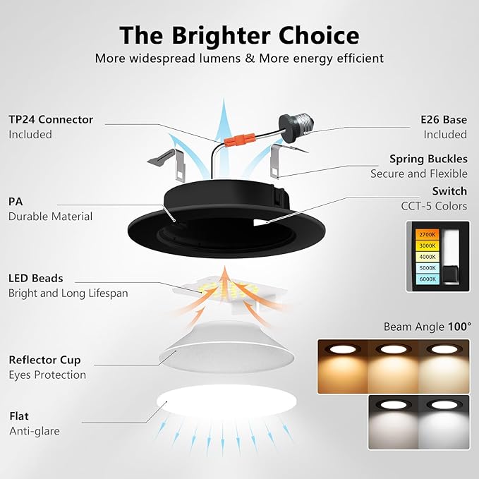 LVWIT 4 Inch Black LED Recessed Lighting, Slim Can Lights, 6W=85W,700LM,5CCT Color Selectable, Dimmable Downlight with E26 Conversion Kit, 12 Pack,IC Rated