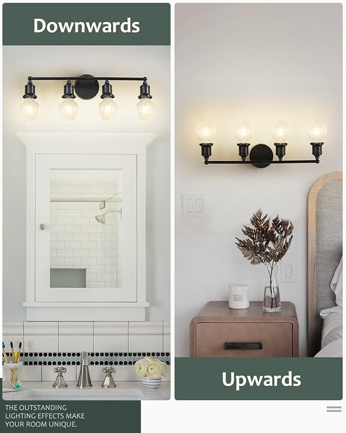 4-Light Vanity Light Fixture, Industrial Black Wall Sconce Lighting Fixture, Farmhouse Bathroom Wall Light, Vintage E26 Base Wall Lamp for Mirror Cabinet(Bulb Not Included)