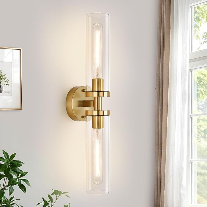 Indoi Brushed Gold Wall Sconces, Hardwired Bathroom Sconces Wall Lighting with Clear Glass, Modern Sconces Wall Light fixtures for Bathroom Mirror Living Room Hallway Bedroom