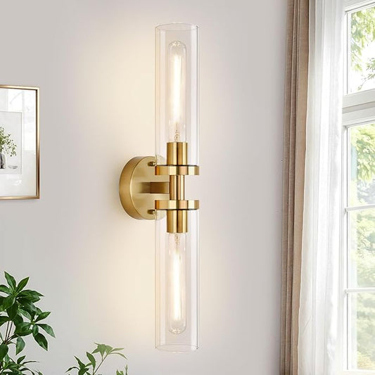 Indoi Brushed Gold Wall Sconces, Hardwired Bathroom Sconces Wall Lighting with Clear Glass, Modern Sconces Wall Light fixtures for Bathroom Mirror Living Room Hallway Bedroom