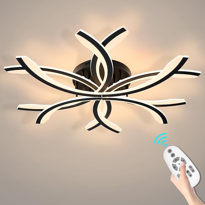 Modern LED Flush Mount Ceiling Light - 12 Lights Dimmable Close-to-Ceiling Fixture with Remote Control, 144W 3000K-6500K Adjustable Color Temperature (Black)