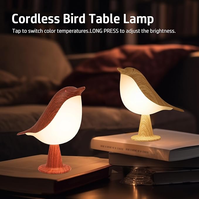 Deogos 2 Cute Bird Lamps Combo,Small Bedside Lamps with 3 Color Temperature and Adjustable Brightness,Rechargeable Cordless Lamp for Bedroom Nightstand Bedside Table (Wood Tone + Red)