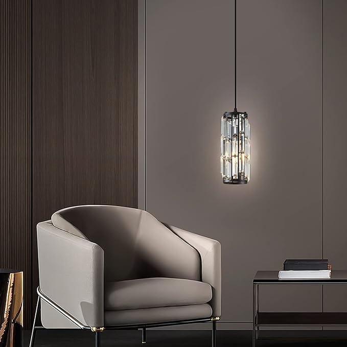 Black Pendant Lights Modern Pendant Light, Mini Crystal Pendant lamp, Adjustable Pendant lamp for Kitchen, Dining Room, Bedroom (Black Pack of 1)
