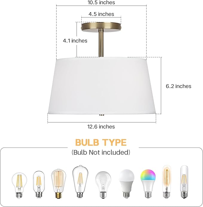 Modern Cone-Shaped Semi Flush Mount Ceiling Light Fixture, 3-Light Drum Lamp with Gold Brass Finish and White Fabric Shade for Bedroom, Kitchen, Dining Room, Hallway, Entryway, and Foyer