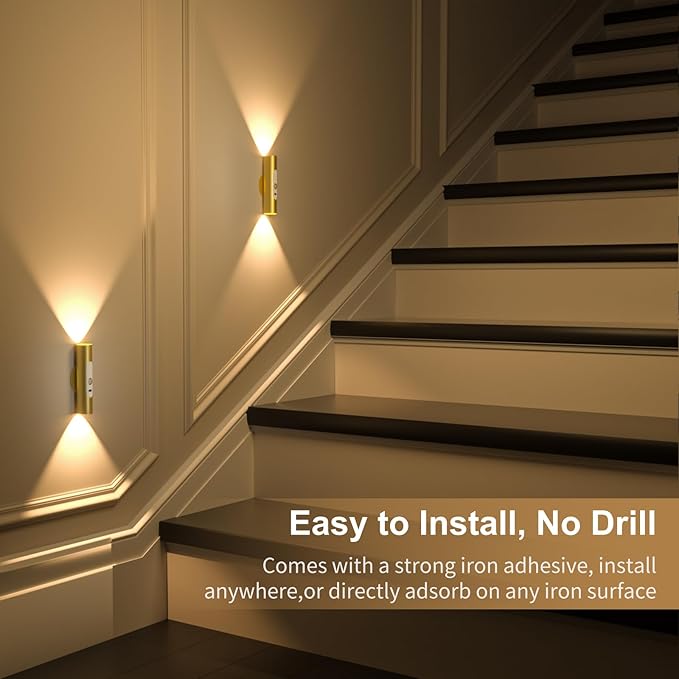 WOBSION Motion Sensor Wall Light with Remote Control, Rechargeable Wireless Wall Sconce, Brightness Adjustable, 3 Color Mode,Indoor Lamp for Hallway, Bedroom,Picture,LED,Gold,2 Pack