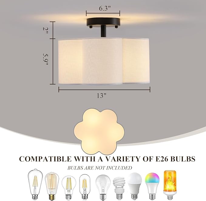 Semi Flush Mount Ceiling Light, Modern Close to Ceiling Lamp with White Flower Fabric Shade 3-Light Farmhouse Brass Ceiling Light for Nursery Bedroom Kitchen Hallway Entryway