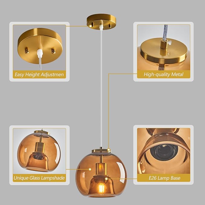 Brown Glass Pendant Lights Kitchen Island Gold Hanging Light Fixture Glass Globe Pendant Light Modern Pendant Lighting for Kitchen Island Bedroom Dining Room (7.87", 3 Pack)