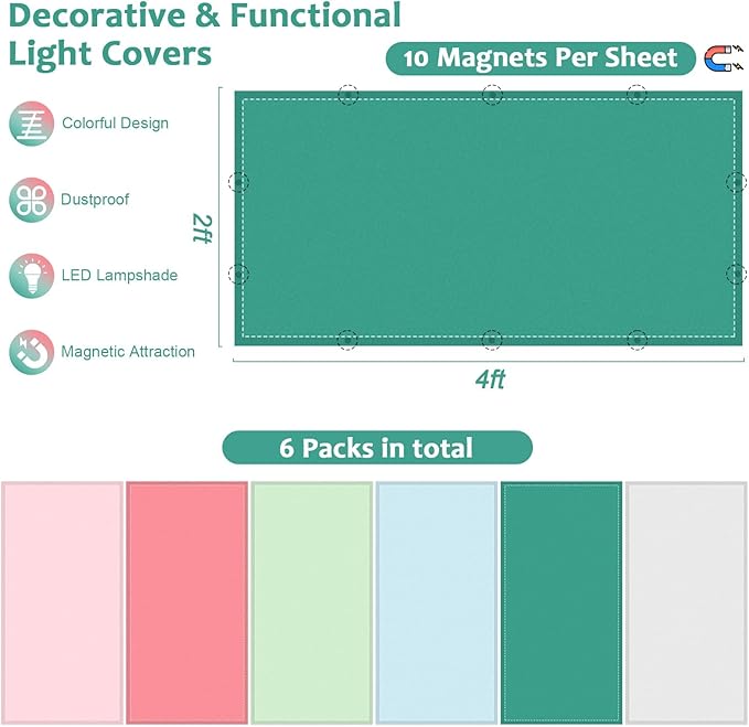 QOUBAI 6PCS Fluorescent Light Covers, 4x2 Feet Magnetic Light Cover Fluorescent Lights Shade Panel Positive Inspirational Ceiling Light Filter for Office Classroom Home Drop Ceiling Pastel Pink Green