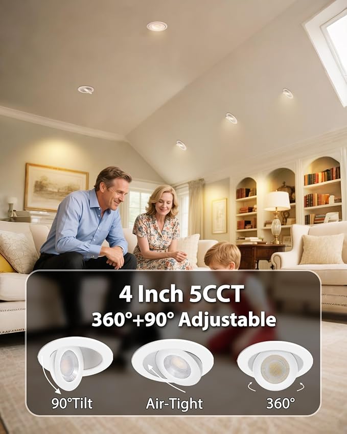 Adetu 4 inch Gimbal Led Recessed Lights, 360°+90° Adjustable Directional Recessed Lighting, 2700K/3000K/3500K/4000K/5000K Dimmable Remodel Eyeball Canless Downlight with Jbox,ETL (White,8 Pack)
